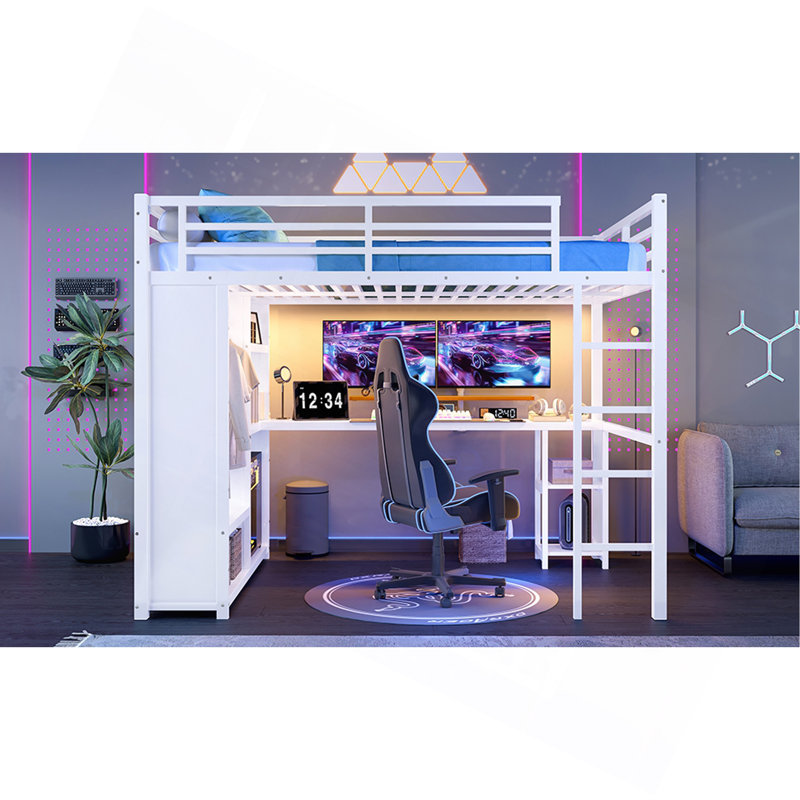 Loft Bed Frame With Built-In Wardrobe, Metal Loft Bed With Desk And Storage Shelves, White