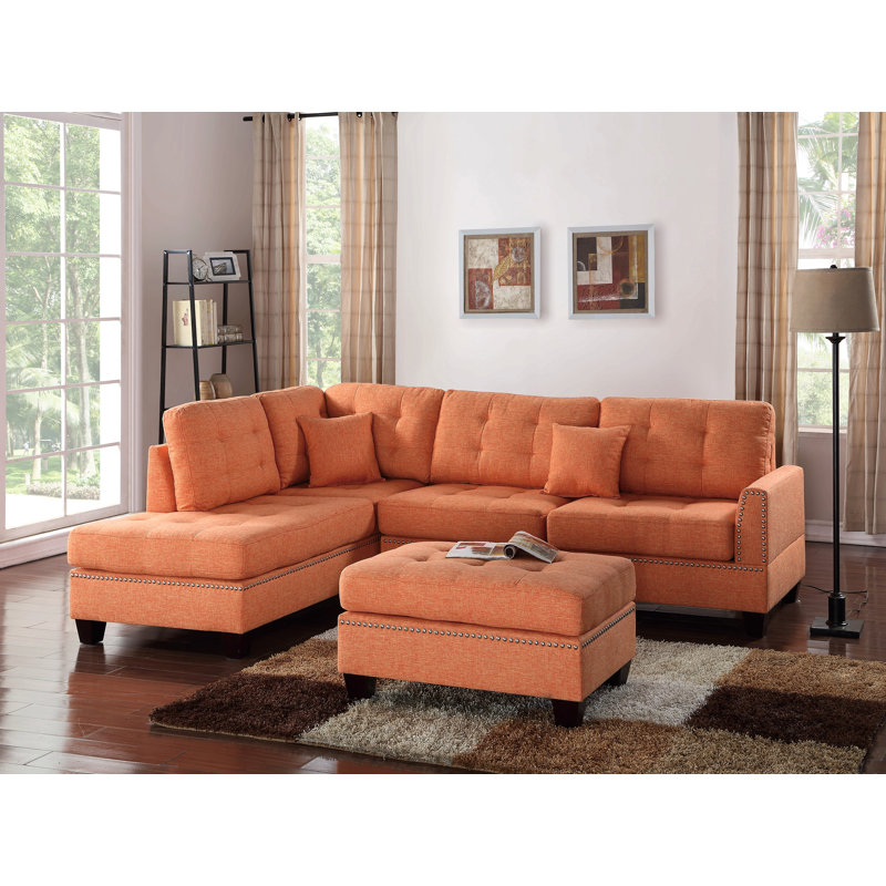Ensemble de canapé modulaire réversible 3 pièces avec repose-pieds, Orange Fabric