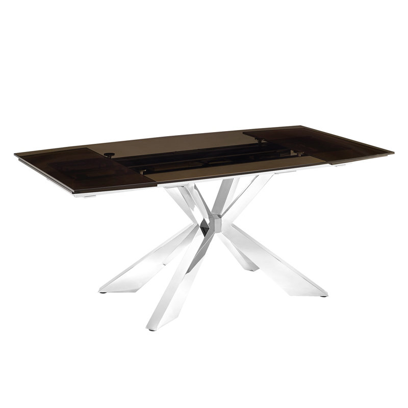 Elegant Extendable Smoked Glass Dining Table with Polished Stainless Steel Base
