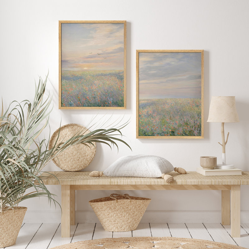 Ensemble d'art mural encadré 2 pièces Sunrise Meadow - impressions de paysage impressionnistes pour le salon ou le couloir