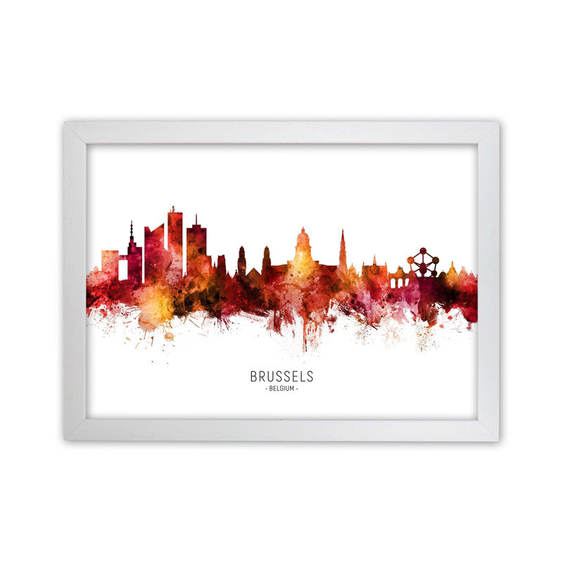 Brussels Belgium Skyline Red City Name by Michael Tompsett - Print, 59.4cm H x 84.1cm W x 3cm D, White Framed
