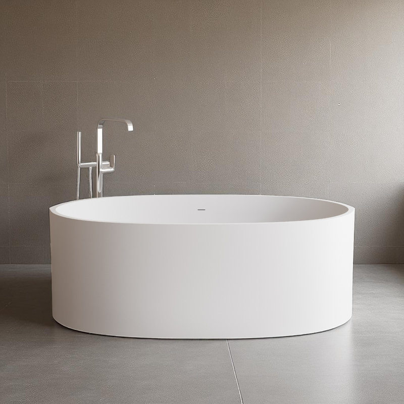 65" X 34" Freestanding Solid Surface Stone Resin Soaking Bathtub With Overflow And Pop-Up Drain Matte White