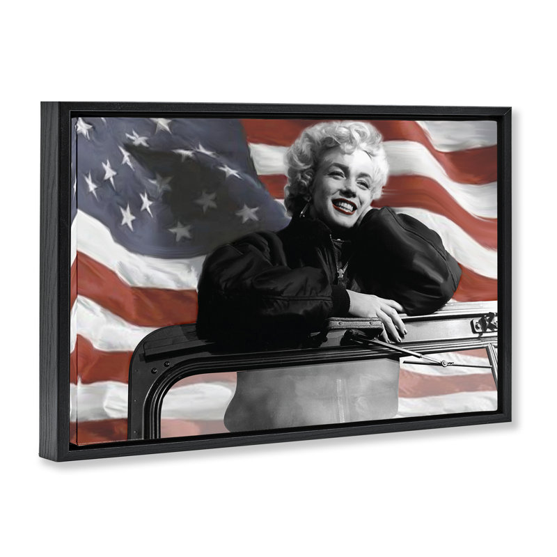 «Marilyn & Waving Flag», toile flottante encadrée par Jadei, Cadre flottant noir de jais, H 17 po x l 25 po
