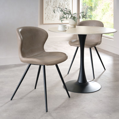 ARLO UPHOLSTERED SCOOP BACK DINING CHAIR - VINTAGE FAUX LEATHER - BLACK SAND POWDER COATED LEGS - (PAIR)
