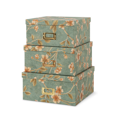 Decorative Cardboard Storage Boxes - Set Of 3 Square Stacking Boxes With Lids And Gold Label Holders, Nesting Photo Storage For Decor And Organizing, Botanical Sage