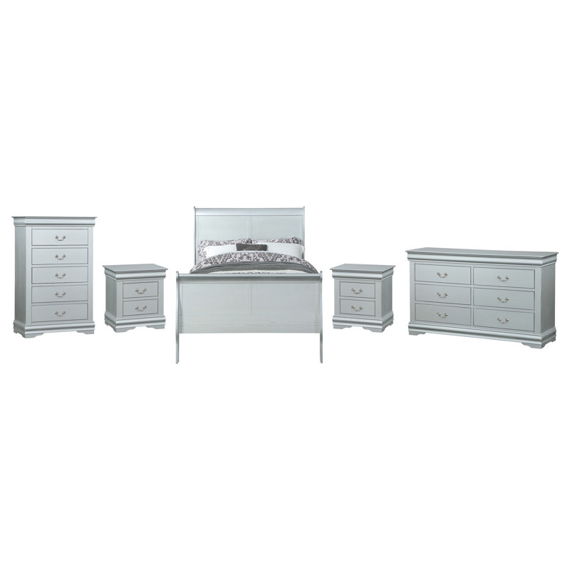 Ensemble de chambre à coucher Engstrom, Platinum, Double, 5 pièces : lit, commode, miroir, table de chevet