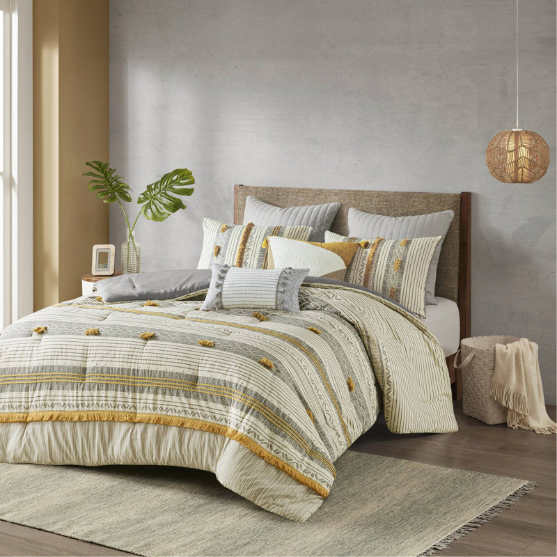 Ensemble d'édredon en coton 3 pièces gris / jaune grand, Édredon grand et 2 taies décoratives