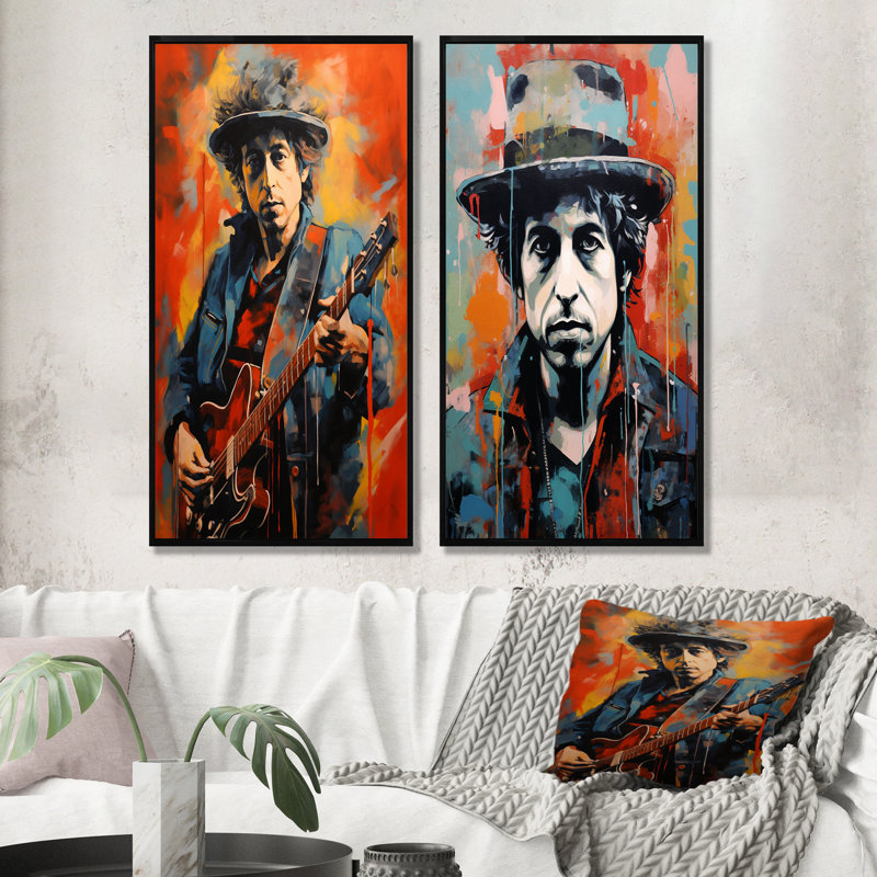 «Dylan In Denim Portrait - Abstract Popart», ensemble de 2 reproductions d'art sur toile, Cadre noir, H 40 po x l 41 po