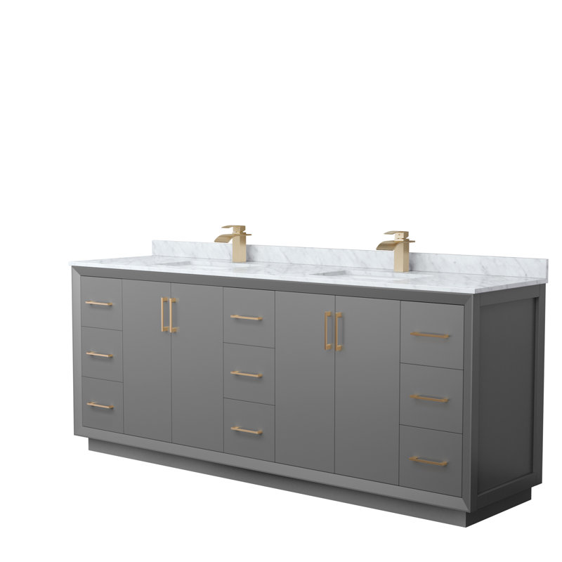 84'' Double Bathroom Vanity with Genuine Marble Top, Dark Gray, Brown