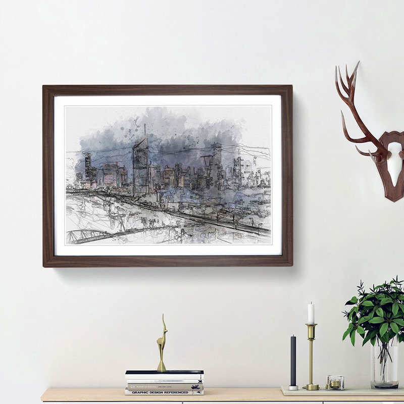 Brisbane City Skyline Australia in Abstract - Picture Frame Graphic Art Print, Walnut Framed, 62cm H x 87cm W x 2cm D