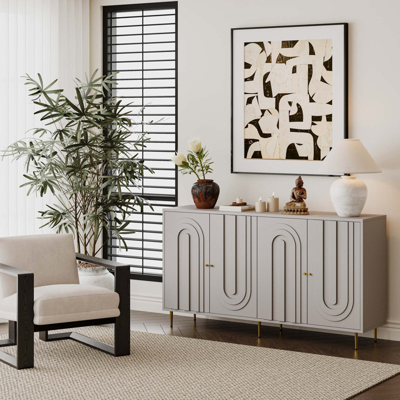 Modern Lacquered 4 Door Wooden Cabinet Sideboard Buffet Server Cabinet Storage Cabinet, Gray