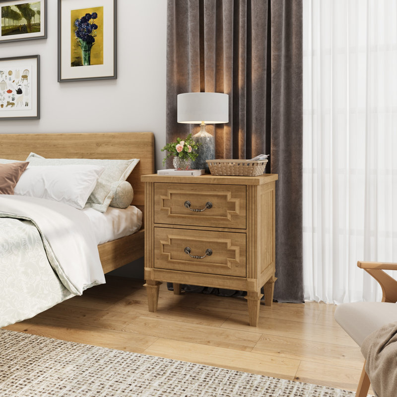 Rustic Farmhouse Nightstand With 2 Drawers End Table– For Bedroom Or Living Room, Burlywood