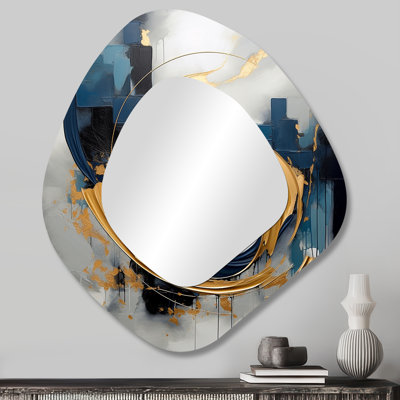 Hunnewell Golden blue Abstract Whirls of serenity V - Fractal Asymmetrical Large Mirror, Modern Unique Shape Unique Wall Mirror Decor, Printed Metal Art