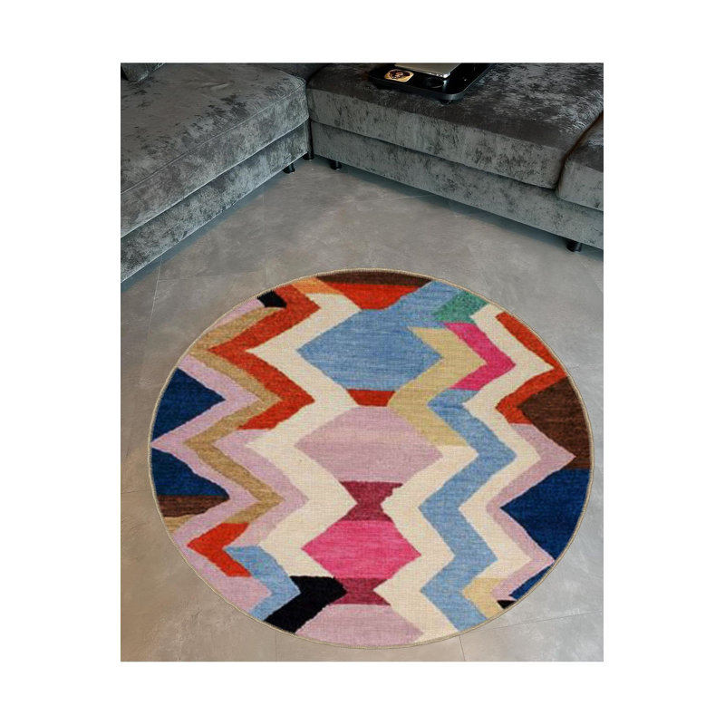 Tapis décoratif multicolore à motif géométrique rayé lavable à la machine, Rond 3 pi 11 po
