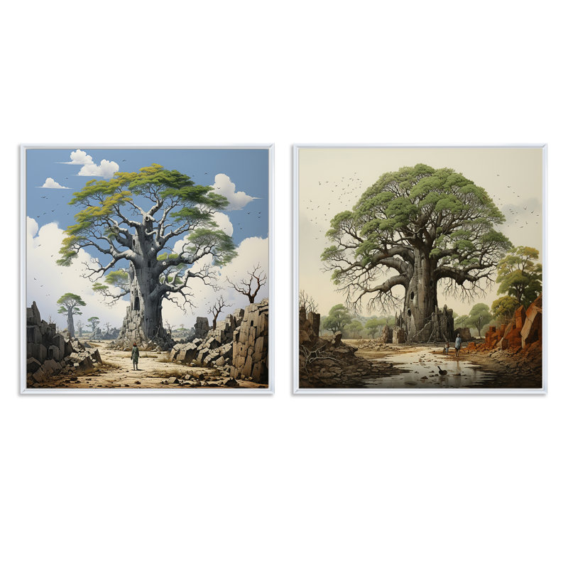 Baobab Tree Landscape - ensemble de 2 collages carrés Baobab, H 16 po x l 33 po, Cadre flottant blanc