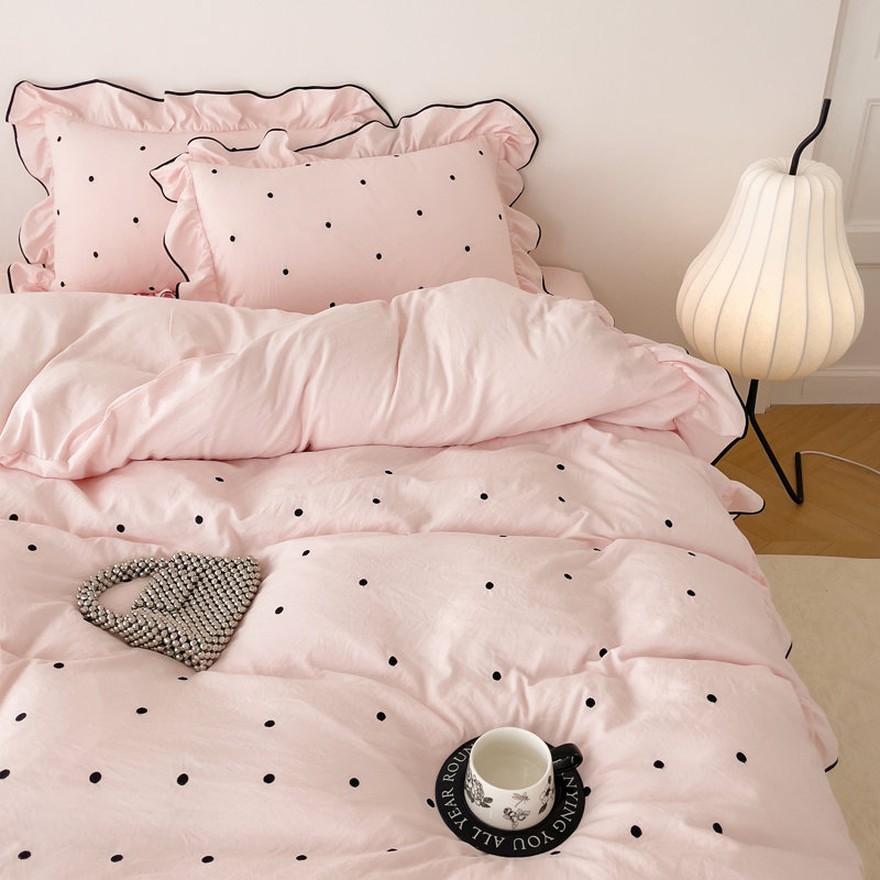 Cute Polka Dot Ruffles Microfiber Duvet Cover Set, Full Duvet Cover + 2 Standard Pillowcases, Pink