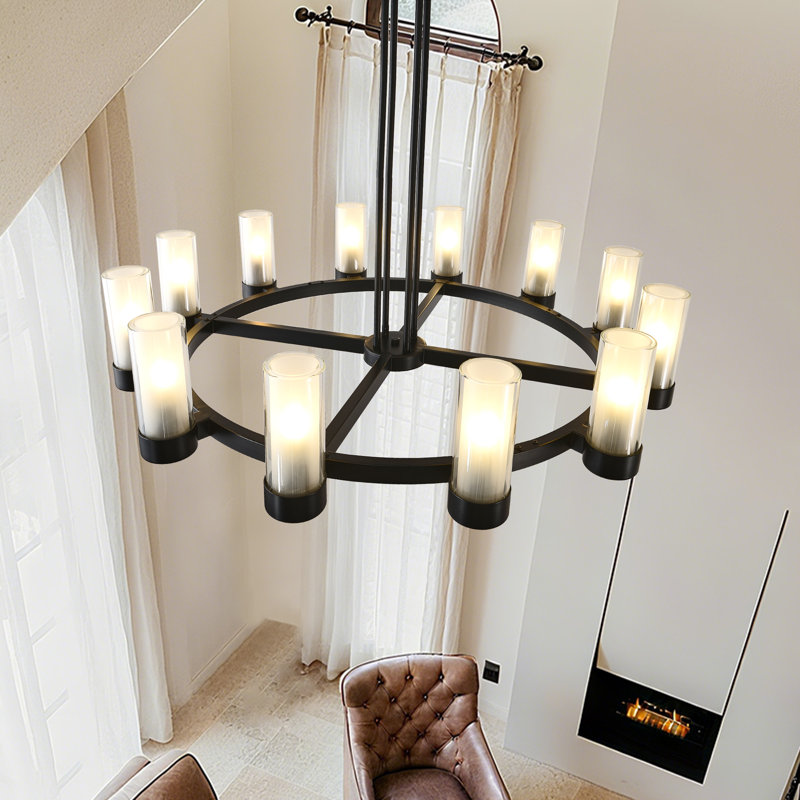 12-Light Dimmable Wagon Wheel Chandelier, Matte Black