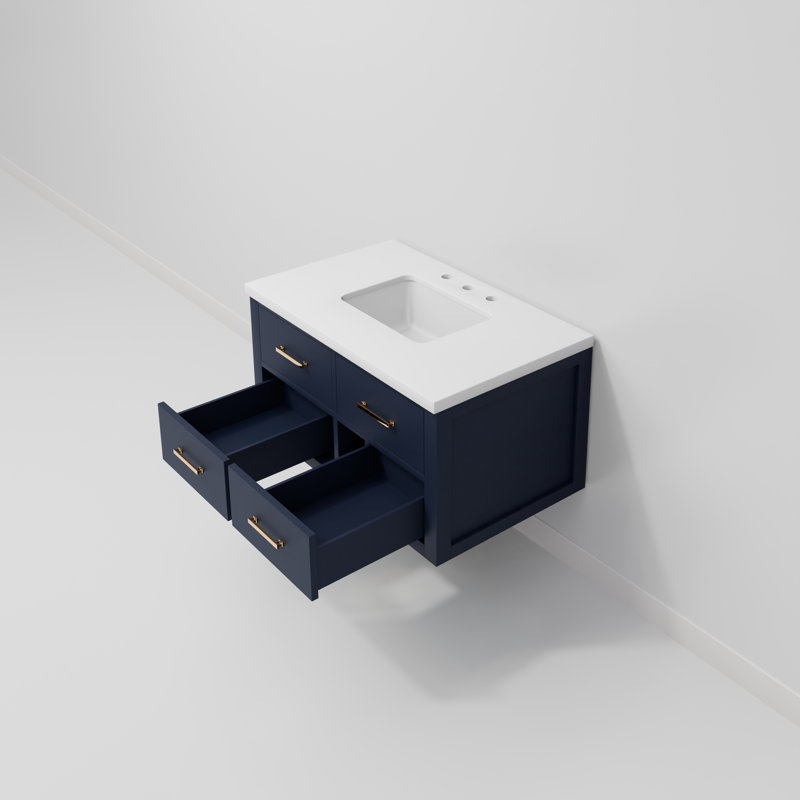 Meuble-lavabo simple l 36 po x P 22 po Castor, Bleu, Marbre de culture blanc