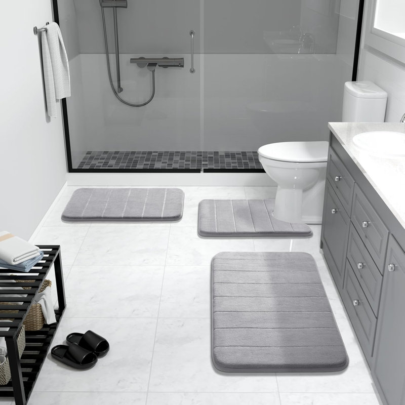 Ensemble de tapis de salle de bain en mousse à mémoire de forme 3 pièces, tapis de sol lavable à séchage rapide et antidérapant ultra doux pour base de meuble-lavabo de douche