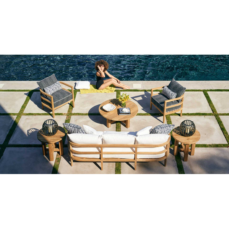Santa Barbara Patio Dining Armchair with Cushions, Natural Teak, No Welt, Rollo Chambray