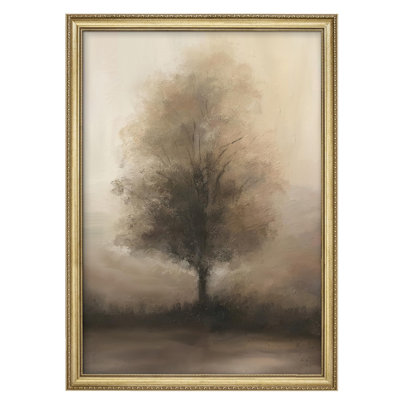 " Serene Tree In Mist Calming Nature Landscape Country Rustic Gold Framed Wall Art Decoration "