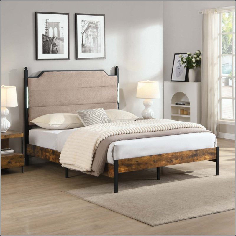 Structure de lit, tête de lit tapissier avec lumières DEL rechargeables et tactiles, rangement sous le lit, aucun sommier nécessaire