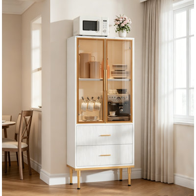 Armoire de rangement avec portes en verre, buffet Buffet avec 2 tiroirs cannelés, tablettes réglables, bibliothèques pour le salon, la salle à manger et la cuisine