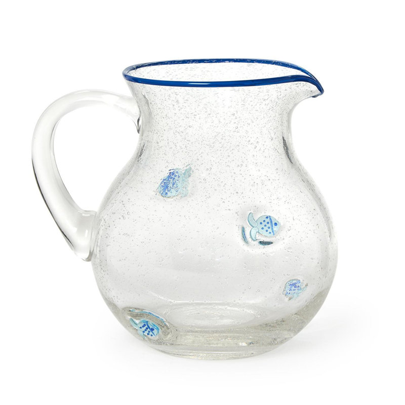 Carafe de service H 8 po, bordure peinte à la main en verre bullé transparent