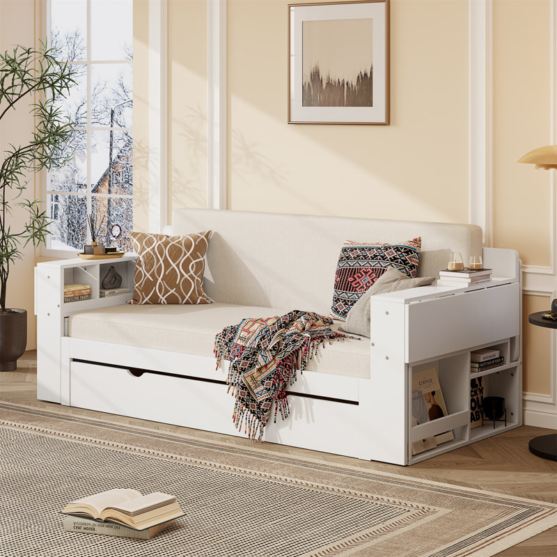 Lit de jour avec bureau amovible, Blanc, Grand lit