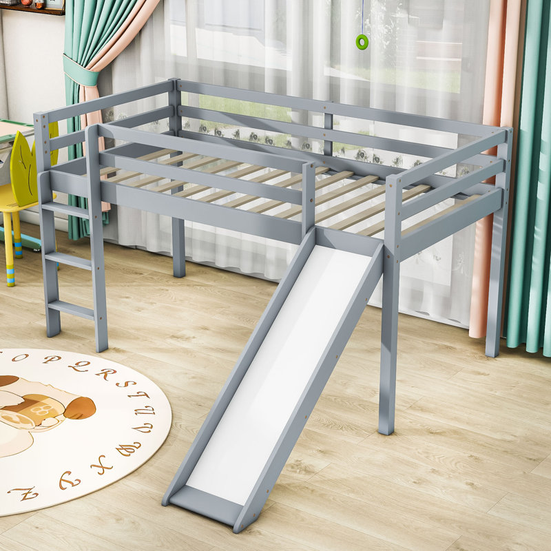 Kenara Twin Low Loft Bed With Slide And Ladder,Safety Guardrails, Gray