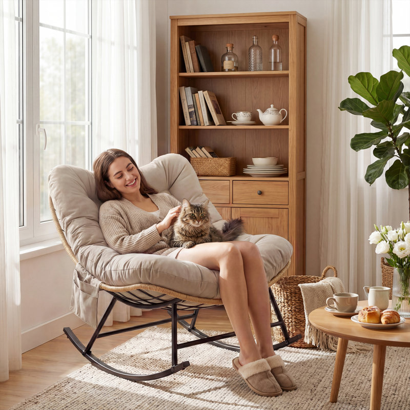 Indoor/Outdoor Rocking Chair with Thick Cushion, Heavy-Duty Metal Frame Supports 450 Lbs  Rocking Motion, Water-Resistant Fabric, Single