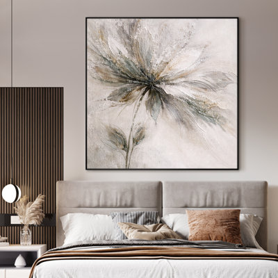 Très grand art mural imprimé sur tissu - Fleurs florales abstraites douces avec des tons neutres de terre pour le salon ou la chambre à coucher - «Assemblage du cadre requis (cadre non fini)»