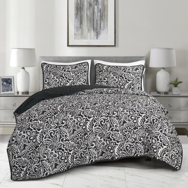 Ensemble de couvre-lit en microfibre 3 pièces, Couvre-lit très grand / couvre-lit + 2 taies déc, Noir / blanc oasis