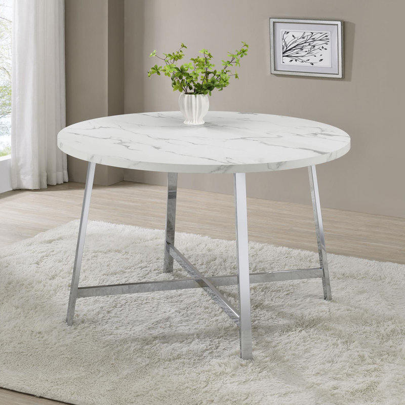 Table de salle à manger ronde en faux marbre de Carrare chromé