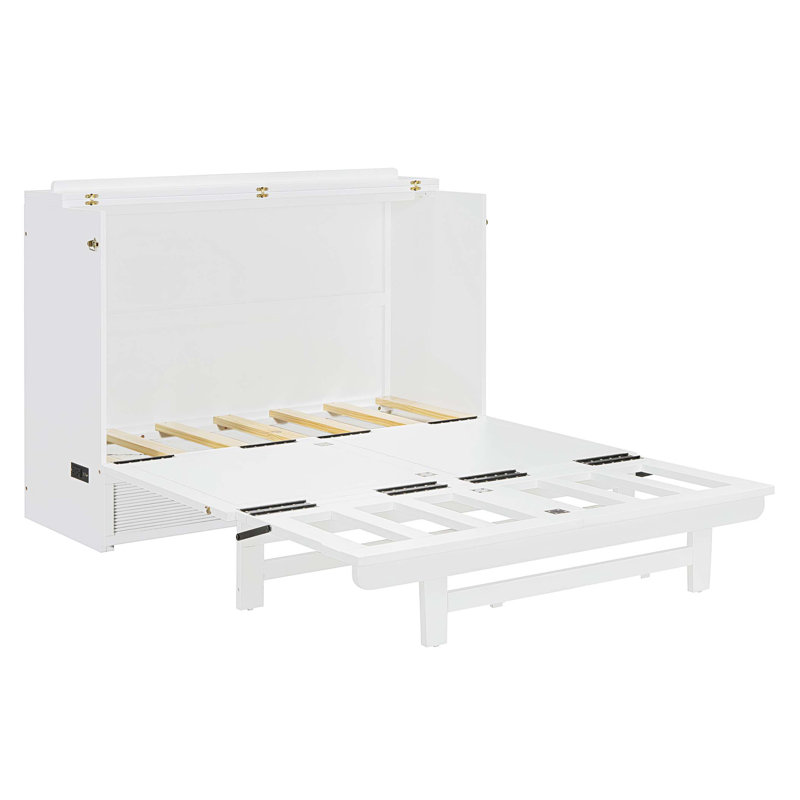 Lit escamotable avec grand tiroir, ports USB et prises de courant, Lit double, White