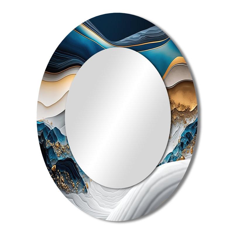 Abstract Geode Waves Blue II - Blue Modern Oval Wall Mirror, 43" x 33"