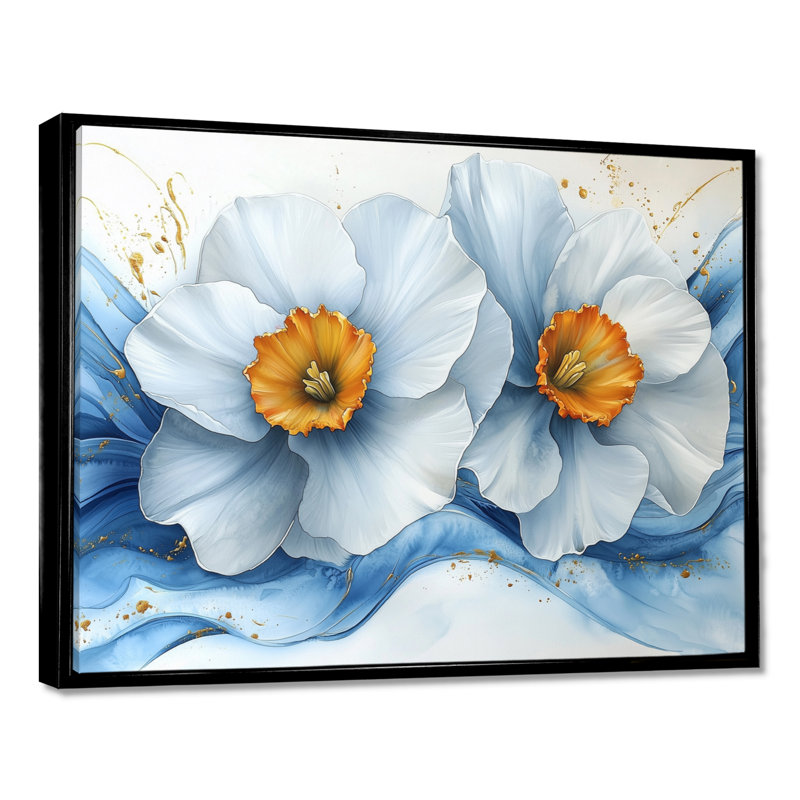 Jaune sur velours bleu jonquilles fleuries - jonquilles murales, H 12 po x l 20 po, Picture Framed, Noir