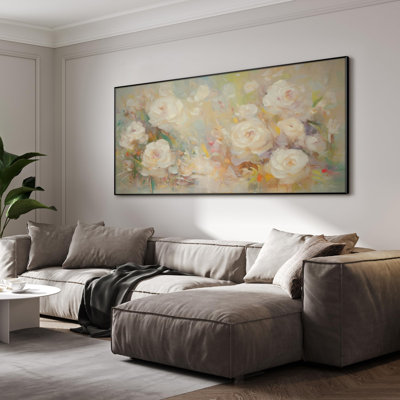 Très grande reproduction d'art sur toile - Roses pastel douces dans un style abstrait impressionniste, décoration pour le salon ou la chambre à coucher - «Assemblage requis du cadre (cadre non fini)»
