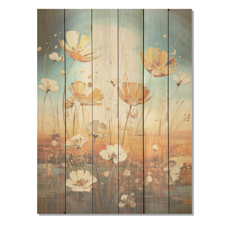 Serene Sunner Flowers Field I - Fleur, art mural sur bois de pin naturel, H 20 po x l 10 po
