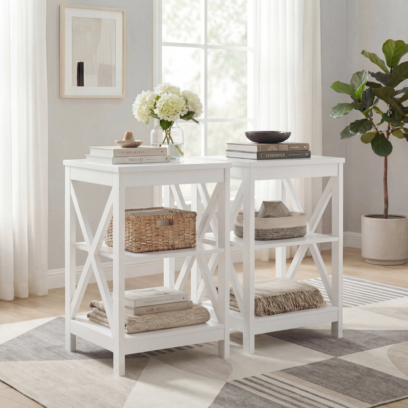 Table de bout haute 23,6 po avec tablettes de rangement ouvertes, H 23,6 po x l 15,8 po x P 15,8 po (ensemble de 2), Blanc, 2