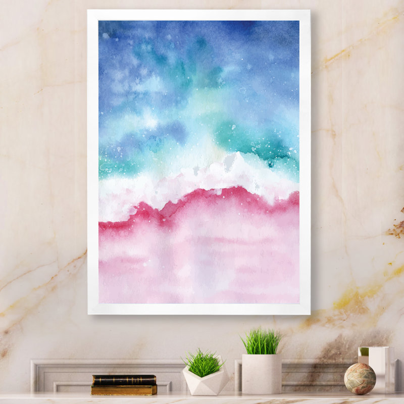 Abstrait océan rose et vagues bleues II - Peinture, H 20 po x l 12 po x P 1 po, Cadre photo blanc