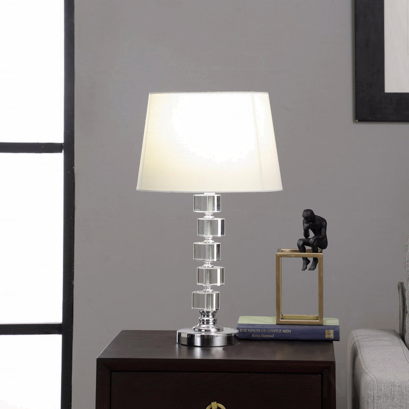 20" Silver Crystal Stacked Geo Cubes Table Lamp With White Classic Empire Shade