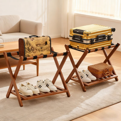 Folding Bamboo Suitcase Stand with Storage Shelf, Assembled Walnut Luggage Racks Set of 2