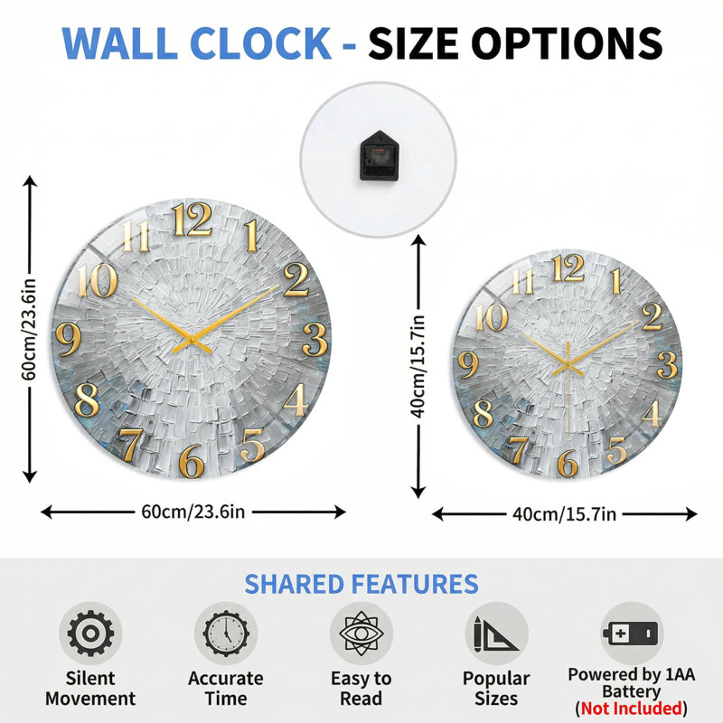 Horloge murale scintillante texturée en verre, 60 x 60 cm (23,6 x 23,6 pouces)