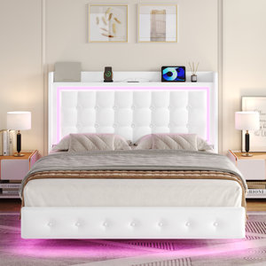 Upholstered Platform Bed with LED Lights, Charging Port, Floating Bed