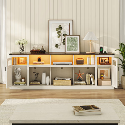 Meuble télé 95 po pour téléviseur de 100 po ou moins avec prises de courant, grande console multimédia avec lumières DEL pour le salon