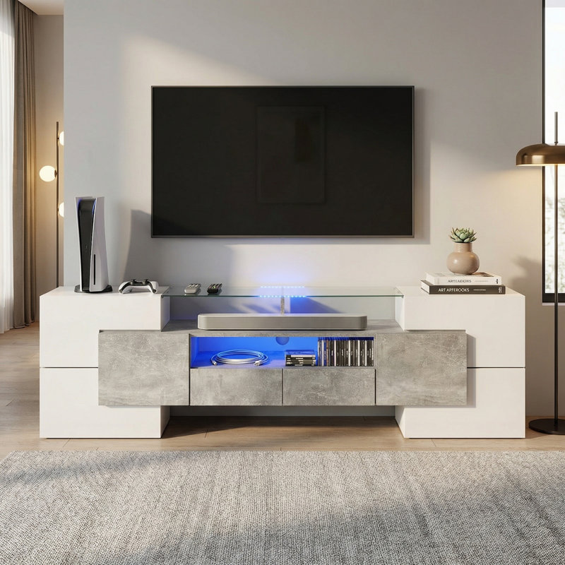 Meuble télé moderne avec éclairage DEL, blanc brillant et gris - meubles de salon 78,7 po, Blanc / Gris
