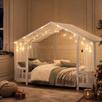 Lit cabane complet avec baldaquin, guirlande lumineuse et barrières de sécurité, lit plateforme en bois pour enfants avec sommier à lattes, sans sommier tapissier nécessaire