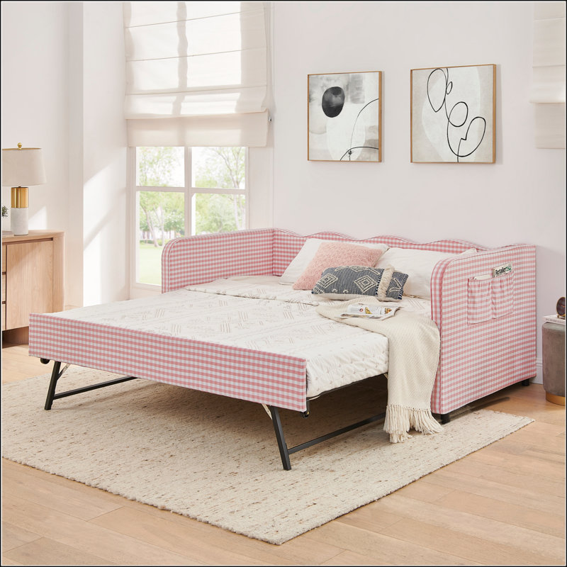 Twin-Size Gingham Upholstered 3-in-1 Convertible Daybed with Pull-Out Trundle and Side Storage Pockets, Ideal for Small-Space Living