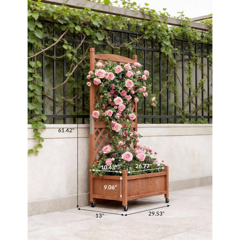 Wooden Planter Box, With Trellis, Locking Wheels And Drainage Holes, 10.53" H x 44.07" W x 17.16" D